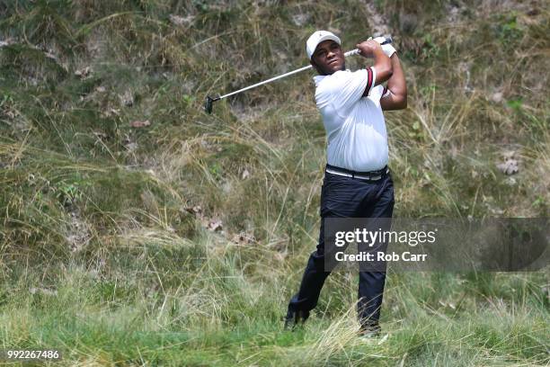 Harold Varner III tees off the seventh hole during round one of A Military Tribute At The Greenbrier held at the Old White TPC course on July 5, 2018...
