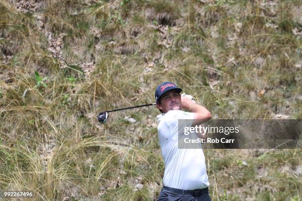 Keegan Bradley tees off the seventh hole during round one of A Military Tribute At The Greenbrier held at the Old White TPC course on July 5, 2018 in...