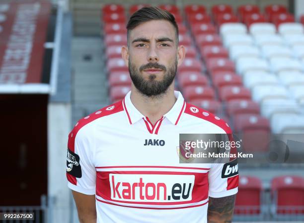 Maximilian Zimmer poses during the FC Energie Cottbus team presentation at Stadion der Freundschaft on July 4, 2018 in Cottbus, Germany.