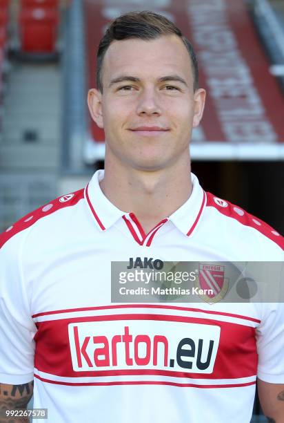 Kevin Scheidhauer poses during the FC Energie Cottbus team presentation at Stadion der Freundschaft on July 4, 2018 in Cottbus, Germany.