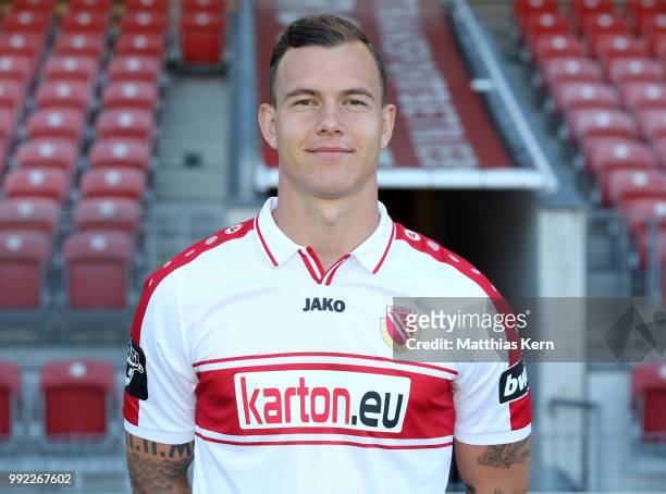 Kevin Scheidhauer poses during the FC Energie Cottbus team presentation at Stadion der Freundschaft on July 4, 2018 in Cottbus, Germany.