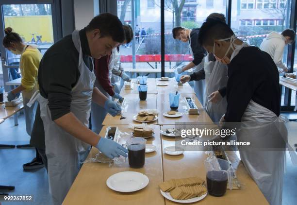 Students at the Philipp Reis School in Berlin's Lichtenberg helping in the production of a giant hedgehog slice in Berlin, Germany, 30 November 2017....