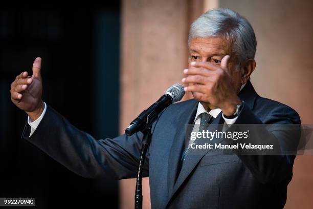 Newly elected President of Mexico, Andres Manuel Lopez Obrador, speaks during a press conference after a private meeting with Outgoing President...