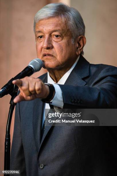 Newly elected President of Mexico, Andres Manuel Lopez Obrador, speaks during a press conference after a private meeting with Outgoing President...