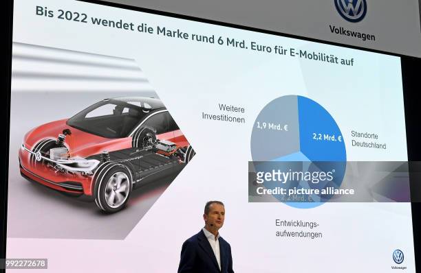 Herbert Diess, chairman of the Volkswagen automotive brand, speaks during an annual press talk of the 'Volkswagen PKW' brand in Wolfsburg, Germany,...