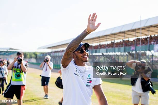 Lewis Hamilton of Mercedes and Great Britain during previews ahead of the Formula One Grand Prix of Great Britain at Silverstone on July 5, 2018 in...