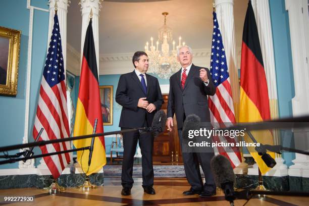 United States Secretary of State Rex Tillerson speaks during a press conference with German Minister of Foreign Affairs Sigmar Gabriel, on the...