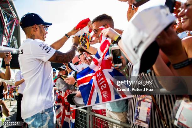 Lewis Hamilton of Mercedes and Great Britain during previews ahead of the Formula One Grand Prix of Great Britain at Silverstone on July 5, 2018 in...