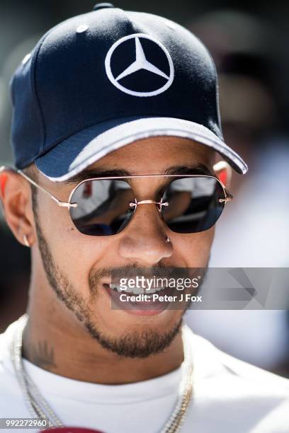Lewis Hamilton of Mercedes and Great Britain during previews ahead of the Formula One Grand Prix of Great Britain at Silverstone on July 5, 2018 in...