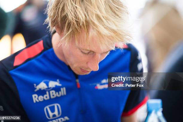 Brendon Hartley of Scuderia Toro Rosso and New Zealand during previews ahead of the Formula One Grand Prix of Great Britain at Silverstone on July 5,...