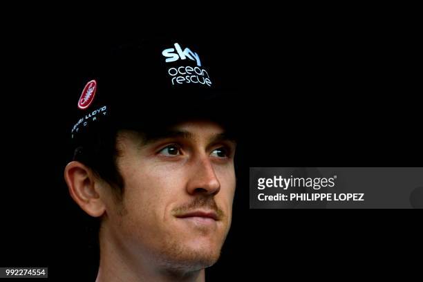Great Britain's Geraint Thomas of Great Britain's Team Sky cycling team poses on stage during the team presentation ceremony on July 5, 2018 in La...