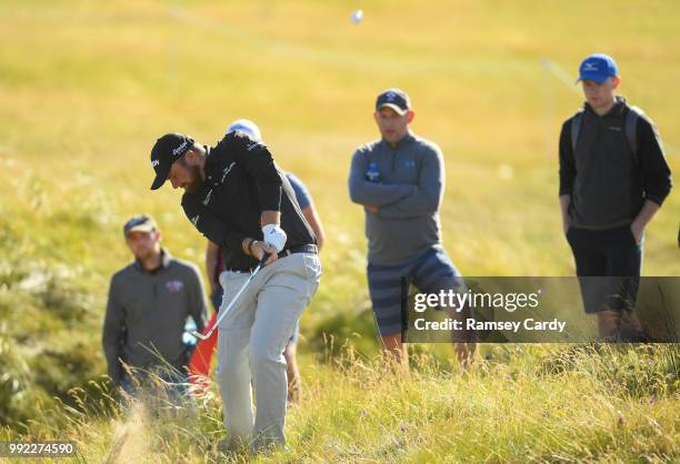 Donegal , Ireland - 5 July 2018; Shane Lowry of Ireland plays from the rough on the 18th hole during Day One of the Irish Open Golf Championship at...