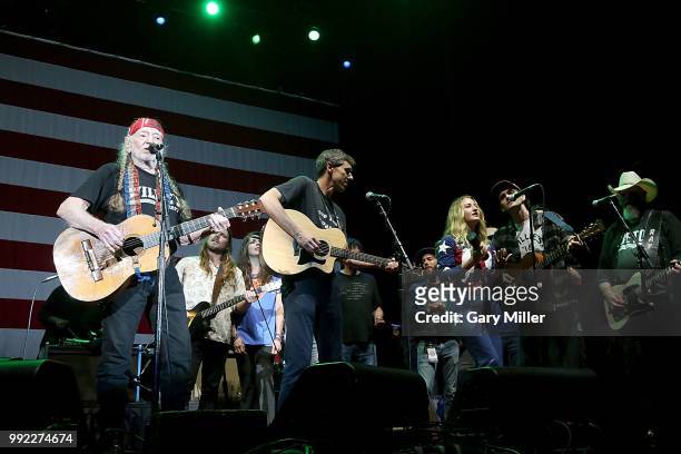 Willie Nelson, Lukas Nelson, Amy Nelson, Beto O'Rourke, Margo Price, Micah Nelson and Ray Benson perform in concert at Willie Nelson's 45th 4th Of...