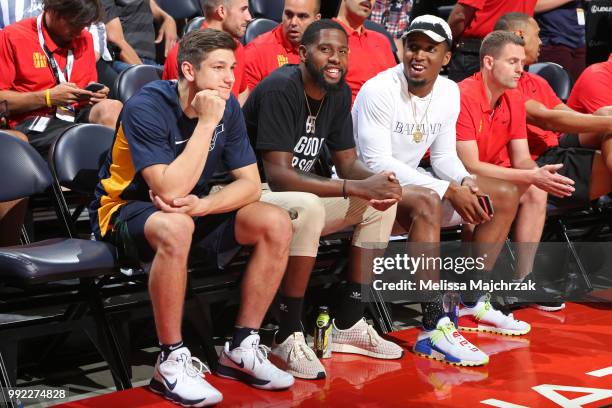 Royce O'Neale and Donovan Mitchell of the Utah Jazz look on from t he bench against the Memphis Grizzlies on July 3, 2018 at Golden 1 Center in...