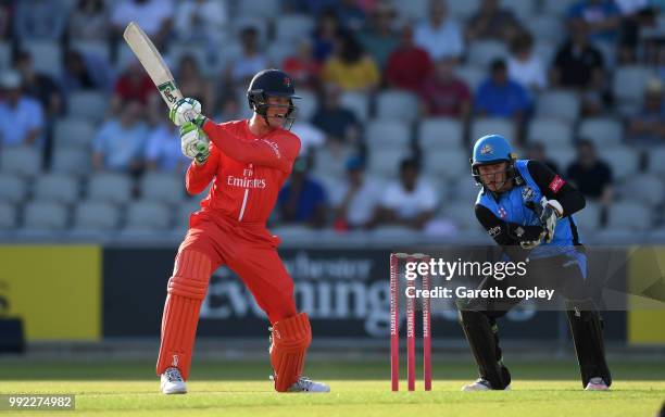 Keaton Jennings of Lancashire bats during the Vitality Blast match between Lancashire Lighting and Worcestershire Rapids at Old Trafford on July 5,...