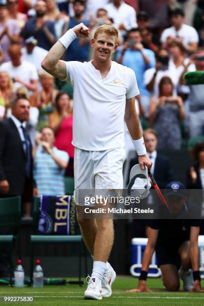 Kyle Edmund of Great Britain celebrates after defeating Bradley Klahn of the United States during their Men's Singles second round match on day four...