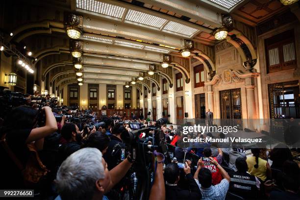 General view of the press conference of the Newly elected President of Mexico, Andres Manuel Lopez Obrador, after a private meeting with Outgoing...