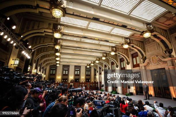 General view of the press conference of the Newly elected President of Mexico, Andres Manuel Lopez Obrador, after a private meeting with Outgoing...