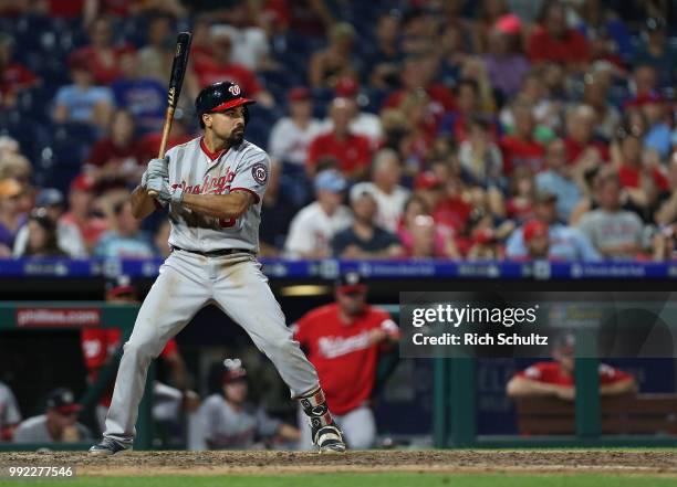 Anthony Rendon of the Washington Nationals in action during a game against the Philadelphia Phillies at Citizens Bank Park on June 29, 2018 in...