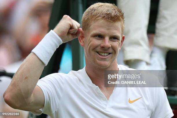 Britain's Kyle Edmund celebrates beating US player Bradley Klahn 6-4, 7-5, 6-2 in their men's singles second round match on the fourth day of the...