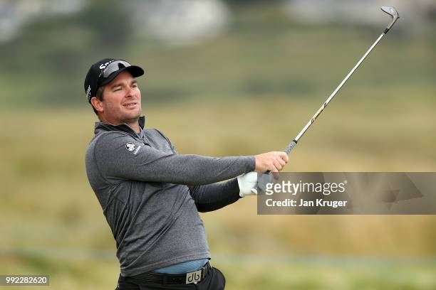 Ryan Fox of New Zealand plays his approach on the 10th during day one of the Dubai Duty Free Irish Open at Ballyliffin Golf Club on July 5, 2018 in...