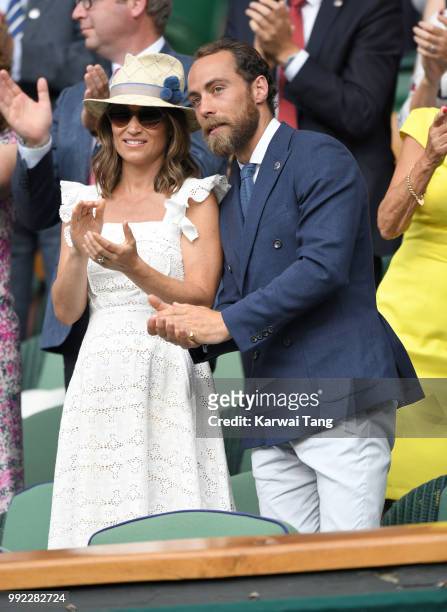 James Middleton and Pippa Middleton attend day four of the Wimbledon Tennis Championships at the All England Lawn Tennis and Croquet Club on July 5,...