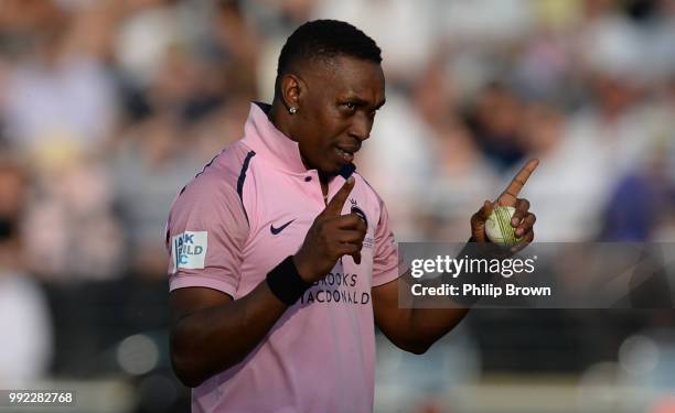 Dwayne Bravo of Middlesex gestures during the Vitality T20 Blast match between Middlesex and Surrey at Lord's Cricket Ground on July 5, 2018 in...