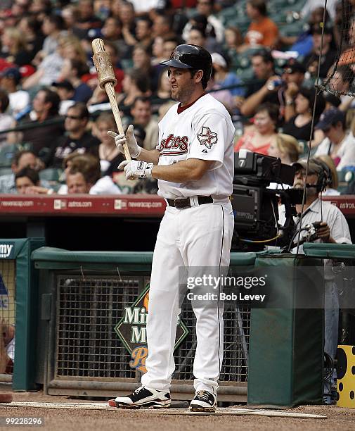 Lance Berkman of the Houston Astros bats during a baseball game between the San Diego Padres and Houston Astros at Minute Maid Park on May 8, 2010 in...