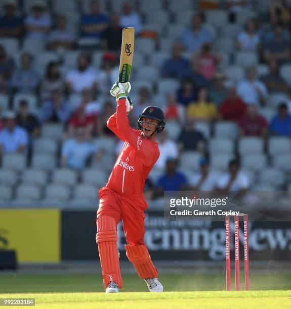 Keaton Jennings of Lancashire hits out for six runs during the Vitality Blast match between Lancashire Lighting and Worcestershire Rapids at Old...