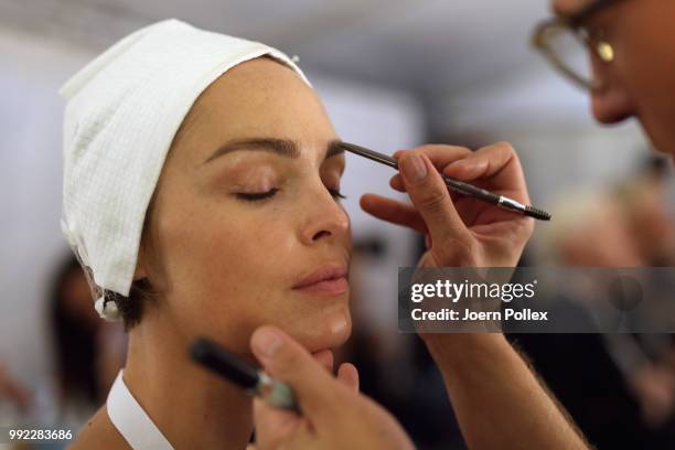 Model backstage ahead of the I'Vr Isabel Vollrath show during the Berlin Fashion Week Spring/Summer 2019 at ewerk on July 5, 2018 in Berlin, Germany.