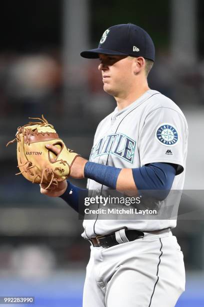 Ryon Healy of the Seattle Mariners looks on during a baseball game against the Baltimore Orioles at Oriole Park at Camden Yards on June 26, 2018 in...