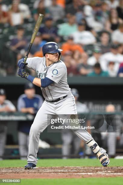 Ryon Healy of the Seattle Mariners prepares for a pitch during a baseball game against the Baltimore Orioles at Oriole Park at Camden Yards on June...