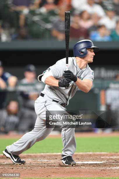Kyle Seager of the Seattle Mariners takes a swing during a baseball game against the Baltimore Orioles at Oriole Park at Camden Yards on June 26,...