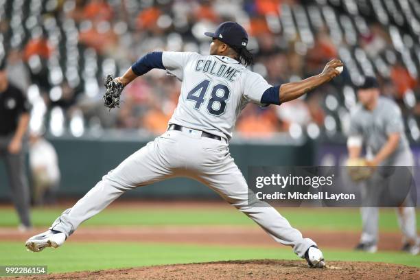 Alex Colome of the Seattle Mariners pitches during a baseball game against the Baltimore Orioles at Oriole Park at Camden Yards on June 26, 2018 in...