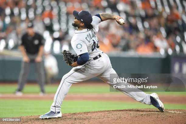 Alex Colome of the Seattle Mariners pitches during a baseball game against the Baltimore Orioles at Oriole Park at Camden Yards on June 26, 2018 in...