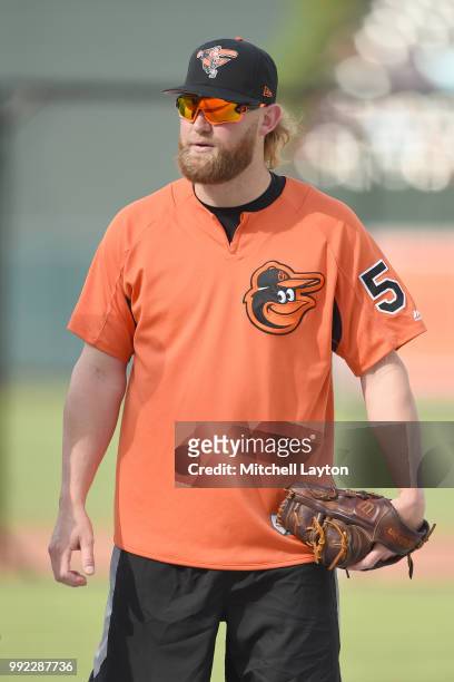 Andrew Cashner of the Baltimore Orioles looks on before a baseball game against the Seattle Mariners at Oriole Park at Camden Yards on June 26, 2018...
