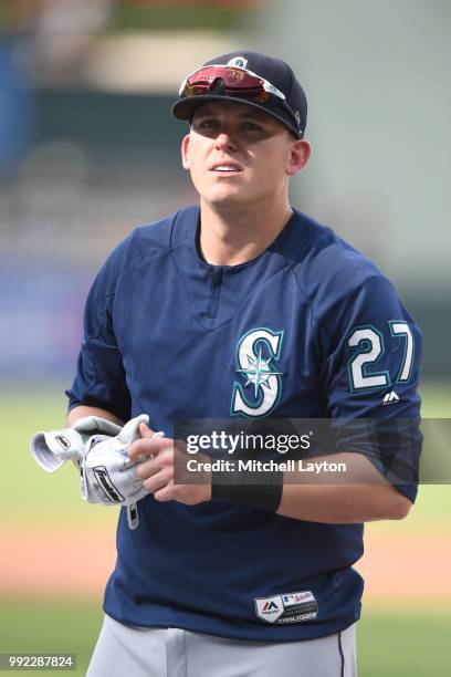 Ryon Healy of the Seattle Mariners looks on during batting practice of a baseball game against the Baltimore Orioles at Oriole Park at Camden Yards...