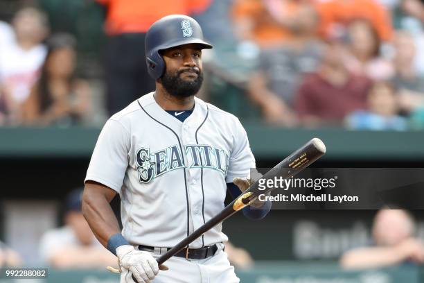 Denard Span of the Seattle Mariners looks on during a baseball game against the Baltimore Orioles at Oriole Park at Camden Yards on June 26, 2018 in...