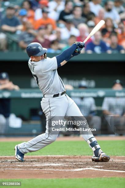 Ryon Healy of the Seattle Mariners takes a swing during a baseball game against the Baltimore Orioles at Oriole Park at Camden Yards on June 26, 2018...