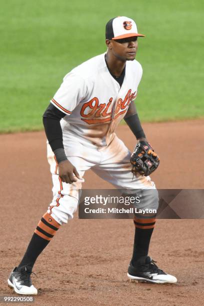 Tim Beckham of the Baltimore Orioles in position during a baseball game against the Seattle Mariners at Oriole Park at Camden Yards on June 26, 2018...