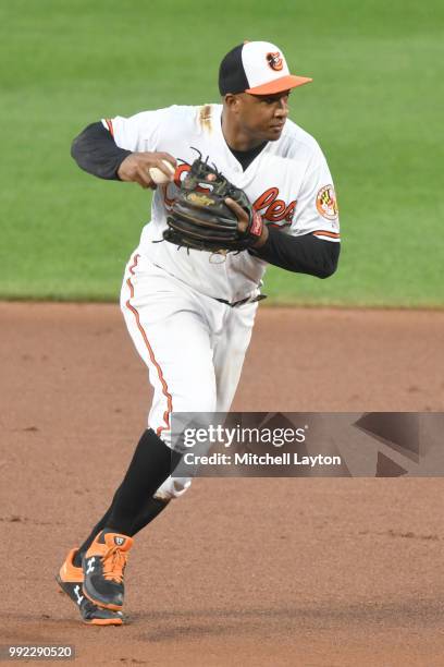 Jonathan Schoop of the Baltimore Orioles fields a ground ball during a baseball game against the Seattle Mariners at Oriole Park at Camden Yards on...