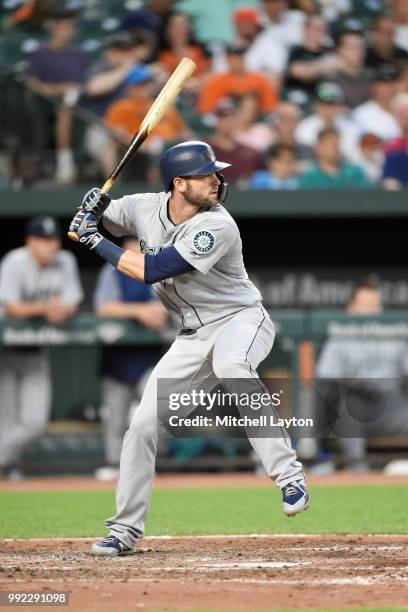 Kyle Seager of the Seattle Mariners prepares for a pitch during a baseball game against the Baltimore Orioles at Oriole Park at Camden Yards on June...