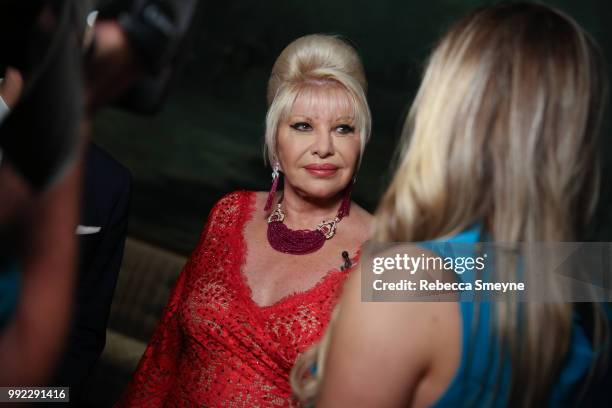 Ivana Trump does a television interview at the book launch party and reception for Ivana Trump and Gianluca Mech's "The Italiano Diet" at The Oak...