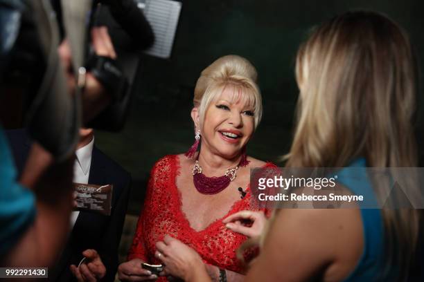 Ivana Trump does a television interview at the book launch party and reception for Ivana Trump and Gianluca Mech's "The Italiano Diet" at The Oak...