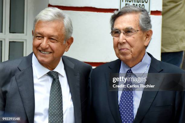 Newly elected President of Mexico, Andres Manuel Lopez Obrador poses with Cuauhtemoc Cardenas leave the campaign bunker a private meeting with...