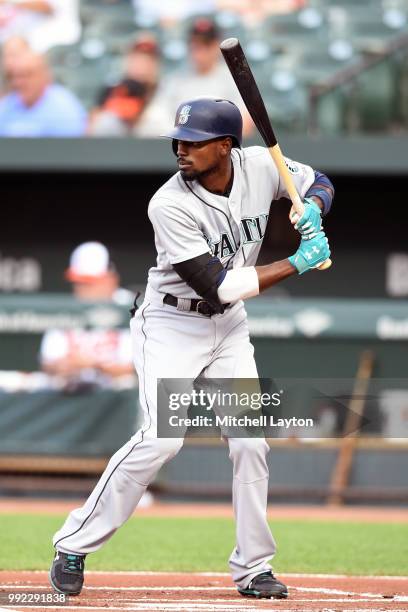 Dee Gordon of the Seattle Mariners prepares for a pitch during a baseball game against the Baltimore Orioles at Oriole Park at Camden Yards on June...