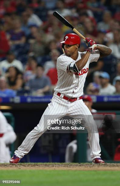 Nick Williams of the Philadelphia Phillies in action against the Washington Nationals during a game at Citizens Bank Park on June 29, 2018 in...