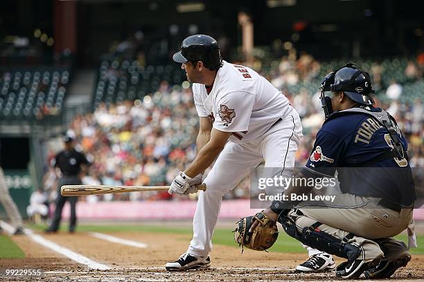 Lance Berkman of the Houston Astros bats during a baseball game between the San Diego Padres and Houston Astros at Minute Maid Park on May 8, 2010 in...