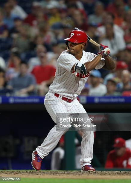Nick Williams of the Philadelphia Phillies in action against the Washington Nationals during a game at Citizens Bank Park on June 29, 2018 in...