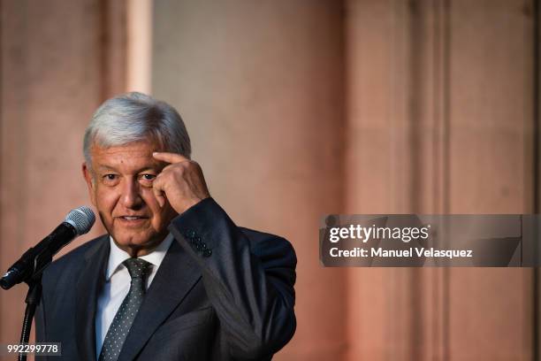 Newly elected President of Mexico, Andres Manuel Lopez Obrador, speaks during a press conference after a private meeting with Outgoing President...